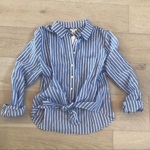 J Crew L Blue/White Stripe Front Knot Button-up